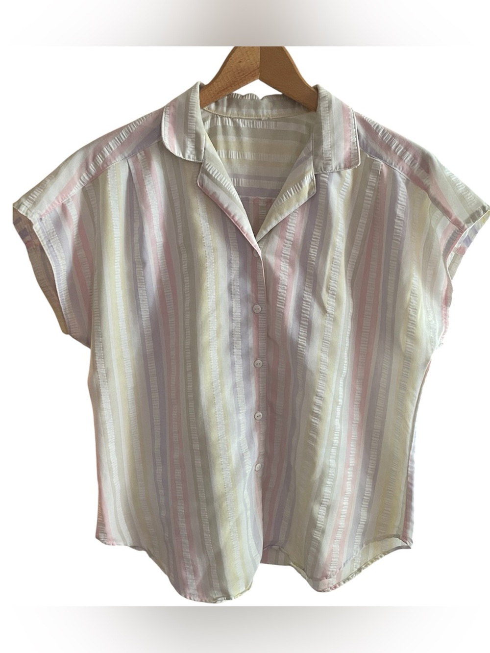 Pastel Stripe Textured Button Front Blouse Cottagecore Coastal Grandma L XL